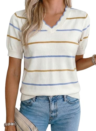 Dokotoo Tops for Women Ruffle V Neck Summer T Shirts Short Sleeve Pullovers Knit Tops Fahion Trendy Cute Blouses 2026 Spring Dressy Casual Beach Vacation Clothes Striped Sweater Outfits Beige
