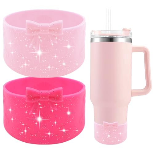 Hpebl 2PCS Bows Silicone Water Bottle Boot for Stanley Cup Accessories Protective Sleeve for Water Bottle, Cover Boots for Stanley 40 30 oz with Handle Glitter Rose Pink