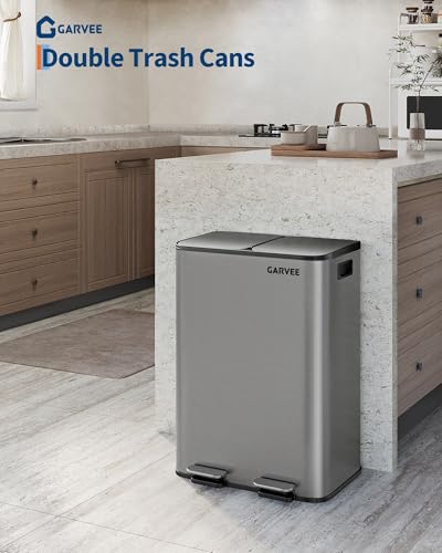 Garvee Trash Can, 2 x 8 gal (2 x 30 L) Garbage Can for Kitchen Dual Compartment Recycling Kitchen Step Trash Bin, Stainless Steel Trash and Recycle Bin Combo with Soft-Close Lid,Matte Grey - image 2