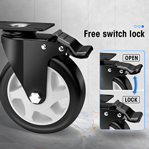 Image of 5 inch Caster Wheels Set of 4, Heavy Duty Casters with Brake, No Noise Locking Casters with Polyurethane (PU) Wheels, Swivel Plate Castors Pack of 4
