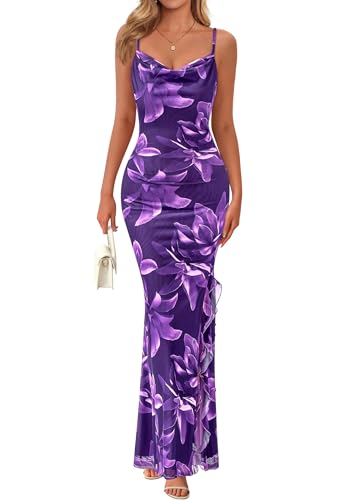 PRETTYGARDEN Women's Summer Beach Wedding Guest Dress Bodycon Floral Maxi Dresses 2026 Spring Tropical Vacation Sundresses (Purple Floral,Medium)