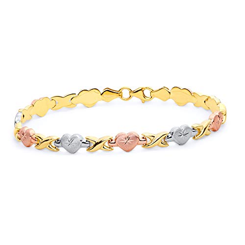 14k REAL Tri Color Gold Diamond Cut Stampato Heart Bracelet with Lobster Claw Clasp - 7.25