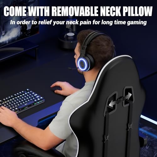 Image of Czlolo Gaming Chair with Footrest Racing Style Lumbar Support Massager Video Game Chair with Metal Legs, High Back Reclining Gamer Chair with Headrest, 360 Swivel Office Computer Desk Chair (White)