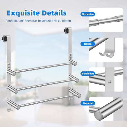 Mittimiya Ausziehbar 44-75cm Handtuchhalter Tür mit 3 Handtuchstangen, Edelstahl Handtuchhalter Ohne Bohren, Handtuchhalter Ausziehbar für Badezimmer