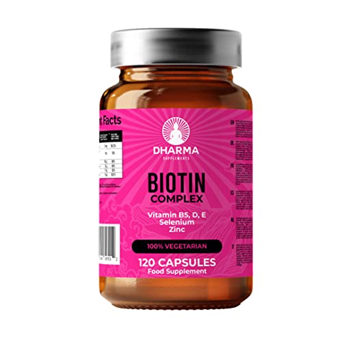 DHARMA Biotina con ingredientes 100% naturales para hombres y mujeres con zinc, selenio, vitaminas B5, D y E para una piel, cabello y uñas saludables | 120 cápsulas veganas | Sin lactosa y sin gluten