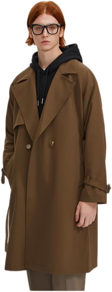 Mens Trench Coat Long double breasted Lapel overcoat with belt