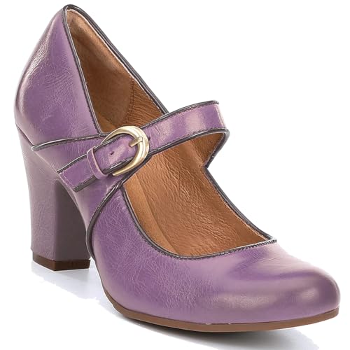 Image of SHODENSE Women Vintage Chunky High Heel Mary Jane Shoes Round Closed Toe Ankle Strap Dress Sandals 3 inch Block Heels Mary Jane Lolita Pumps Two-Toned Patchwork Buckle Office Lady Wedding Retro 4-11 M US