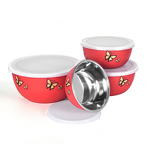 Image of Microwave Safe Stainless Steel Food Storage Container with Lid | Euro Mixing Bowl Set for Kitchen | 500ml, 800ml, 1250ml, 2000ml | Pack of 4 | Leak-Proof (Red Butterfly 4)