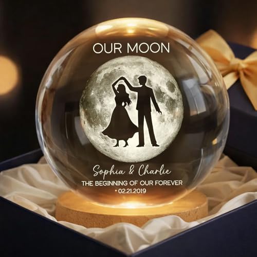 Image of Evamall Personalized Moon Phase Crystal Ball Night Light, Custom Night Sky By Date Lamp, Our Special Day Keepsake Gift for Couple Anniversary Wedding