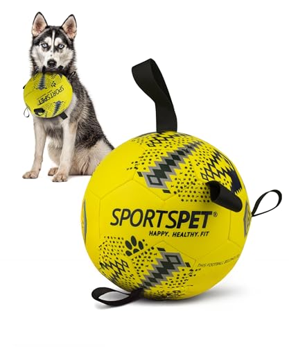 SPORTSPET Dog Football with Grab Tabs Durable Interactive Dog Volleyball Floating Water Dog Toy for Indoor & Outdoor Play Dog Ball for Dog Birthday Gift (Yellow - Medium)
