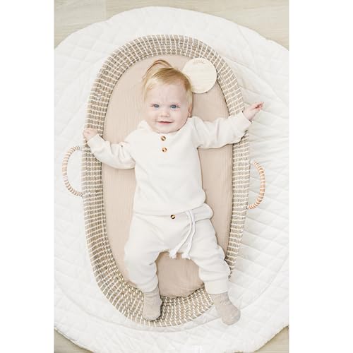 Image of Konssy 2 Pack Muslin Bassinet Sheets for Boys, Girls, 100% Cotton Soft Breathable Fitted Bassinet Mattress Sheet, 32 x 16 inches (Navy,Cream)