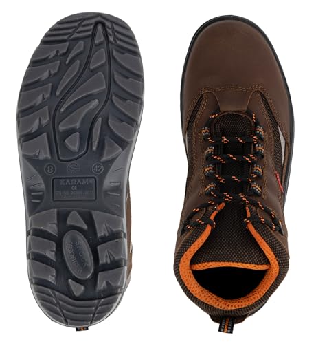 Image of Karam FS65 Brown Leather Safety Shoes for Men with Orange Lining | Double Density with Steel Toe | Antistatic, Antislip, Oil & Heat Resistant