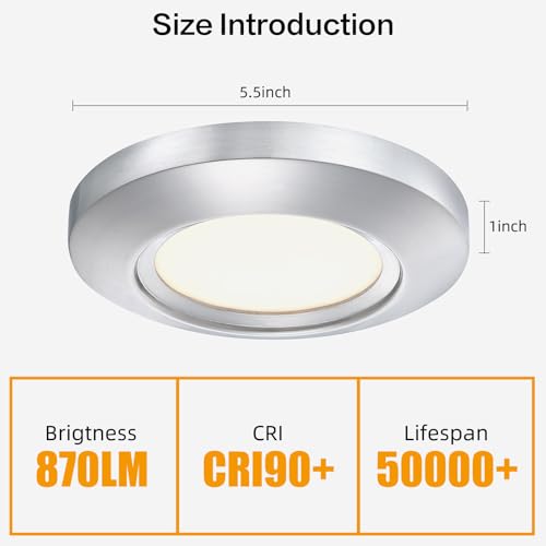 Image of 5.5 Inch Dimmable LED Disk Light, 14W 870 LM Low Profile Recessed Surface Mount Light Fixture, Round Metal Ceiling Light, Heavy Duty, 3000K Warm White, Brushed Nickel, 2 Pack
