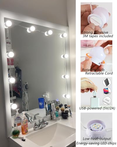 Image of LED Vanity Mirror Lights,Hollywood Style 14 Dimmable Bulbs Stick On for Makeup Dressing Lighting,Adjustable Color Temp & Brightness,USB Cable