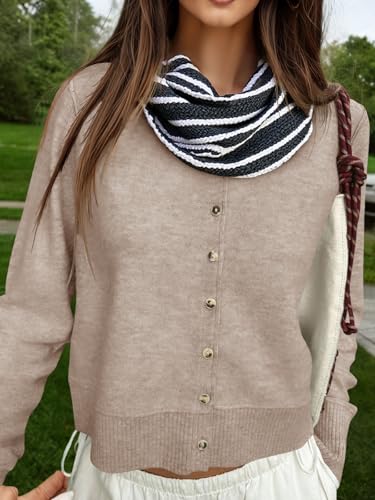 Image of Saodimallsu Womens Button Down Cardigan Sweaters Lightweight Long Sleeve Crew Neck Summer Knit Open Front Tops Khaki