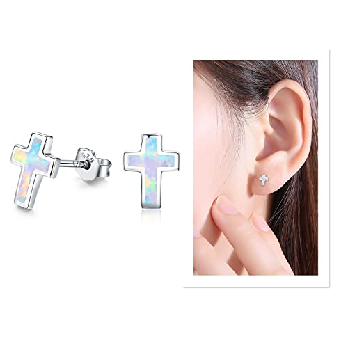 Opal Cross Stud Earrings, 925 Stertling Silver Hypoallergenic Anchor Stud Earrngs and Tiny Opal Cross Studs Jewelry for Women4