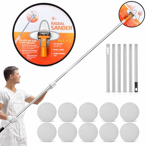 YOZAIUUI 9 Inch Drywall Pole Sander Kit: 360 Rotation Radial Sander with 180cm Extension Pole 10Pcs Sanding Sheets (80/100 /120/180 /240Grit) Aluminum Alloy Poles Sanders for Walls Ceilings