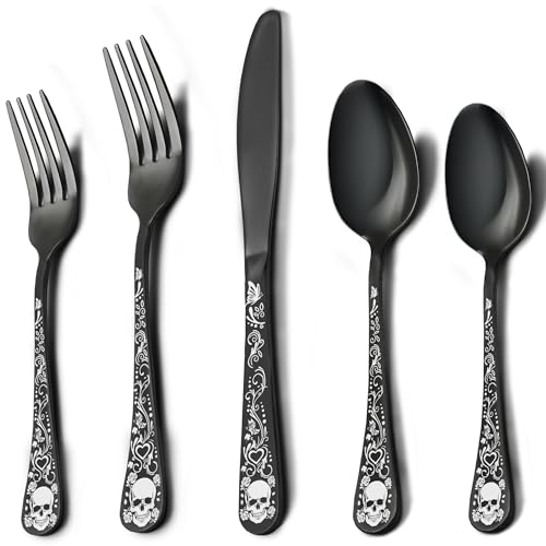 MUJINON Skull Black Silverware Set for 4 20-Piece Black Flatware Set Gothic Skeleton Cutlery for Decoration Halloween Christmas Party Gift Housewarming
