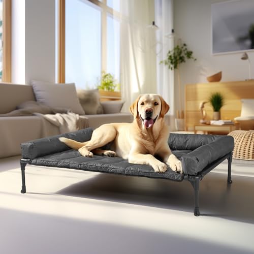 Veehoo Outdoor Hundeliege erhöht, Hundebett Erhöht mit abnehmbarem Bloster Kühlendes Erhöhtes Hundebett mit Atmungsaktivem Teslin-Netz für Haus und Garten, Schwarz 107 x 76 x 18cm