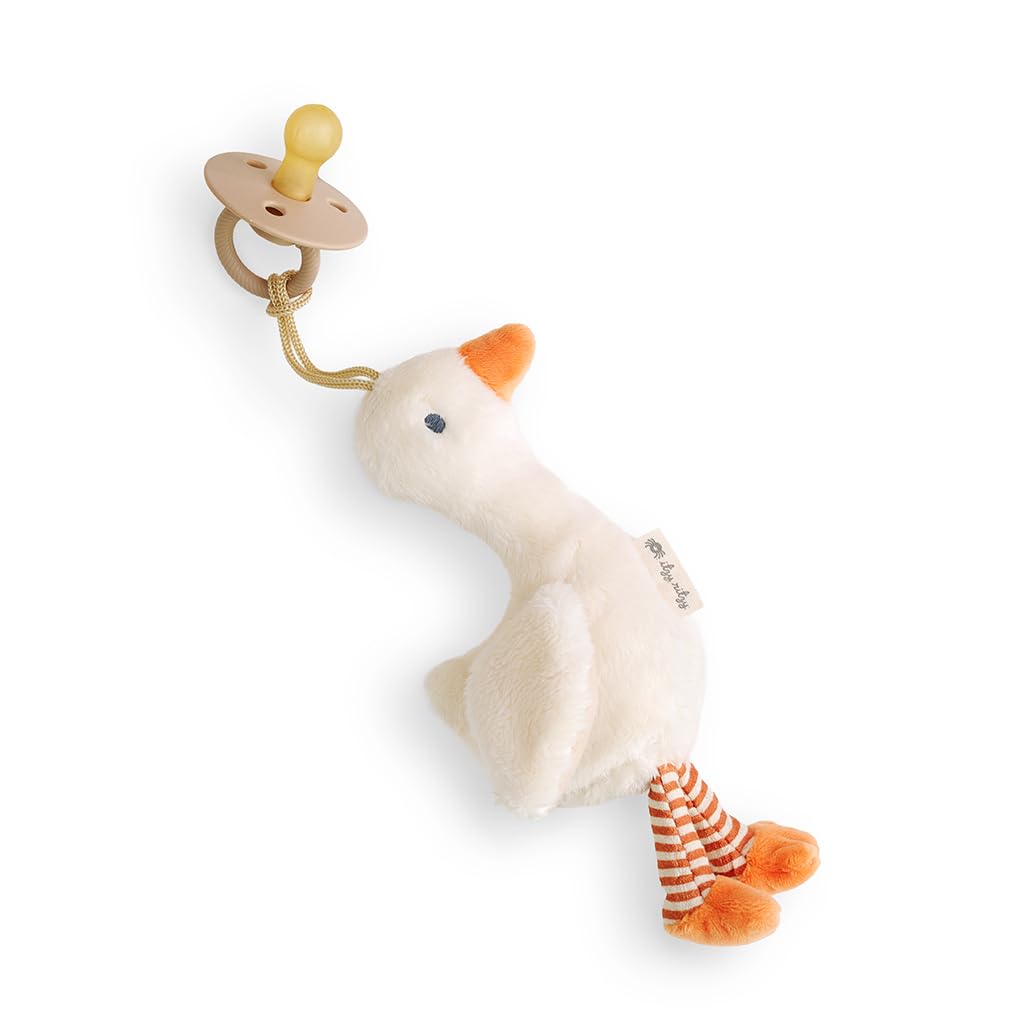 Itzy Ritzy Pacifier & Lovey Set - Natural Rubber Paci with Stuffed Animal - Detachable Plush Goose Pacifier Holder & Coordinating BPA-Free Soother, Ideal for Ages 0-6 Months (Goose)