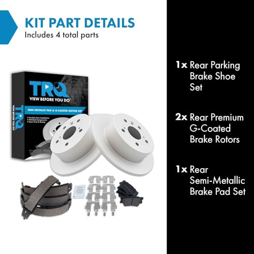 Image of TRQ Rear Brake Pad and Rotor Set Semi Metallic G Coated Rotors Parking Shoe Compatible with 2013-2018 Lexus ES300h ES350 Toyota Avalon 2012-2017 Camry