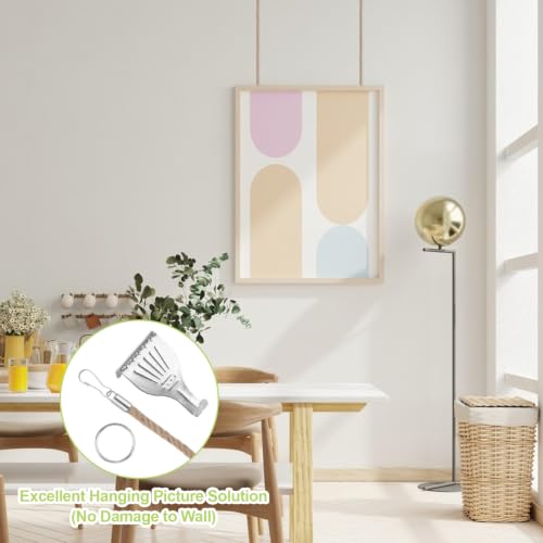 Image of Picture Hanging Kit 6Pcs Silver Rail Hooks with 6Pcs Jute Ropes, Picture Display Hanging System for Wall Pictures, Exhibition (Jute Rope, 1M)