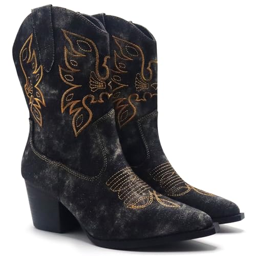 IMUU Cowboy Boots For Women Cowgirl Mid Calf Western Embroidered Boot MidChunky Block Heel Fashion Boots Size8.5