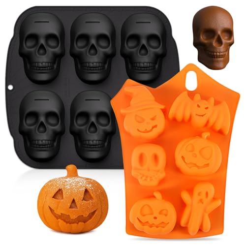 Qibiyuu Halloween Skull Cake Pan & Pumpkin Silicone Molds Set 6 Cavity 3D Skull Baking Pan + 6 Halloween Shape Silicone Molds (Pumpkin Ghost Bat) for Cakes Chocolate Candy DIY Party Baking