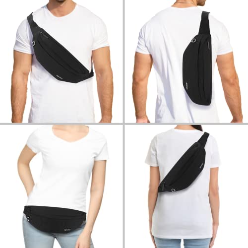 Image of SINNO Large Crossbody Fanny Pack for Women Men Belt Bag With 4-Zipper Pockets for Travel Running Hiking Workout Dog Walking Outdoors Sport Fishing Waist Pack Bag Carrying All Phones, Black, Large,