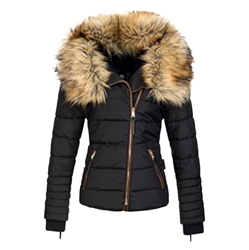 Women's Quilted Puffer Jacket with Faux Fur Lapel Warm Winter Parka Coat Casual Zip Up Jacket with Pockets