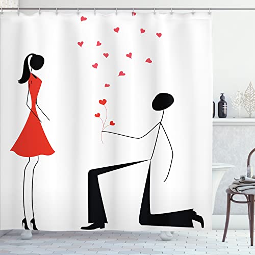 Ambesonne Engagement Party Shower Curtain, Celebration Modern Minimalist Design Couple With Heart Flowers, Cloth Fabric Bathroom Decor Set With Hooks, 69" W X 75" L, Black White And Red #TOP28