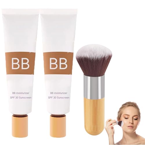 BB Blur Tinted Moisturizer SPF 30, BB Cream Tinted Moisturiser for Mature Skin, Smooth & Hydrate Foundation with Makeup Brush, Evens Skin Tone (2Pcs)