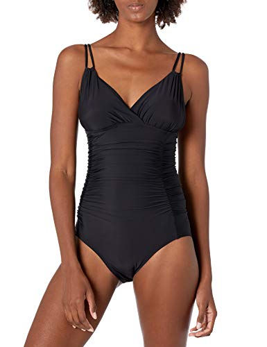 Calvin Klein Women's Shirred One Piece Swimsuit with Removable Cups, DEEP Black, 18