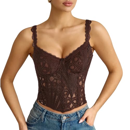 LEACOOLKEY Lace Corset Top for Women Sexy Sheer Floral Bustier Going Out Lace-up Bralette Club Party Concert Crop Top