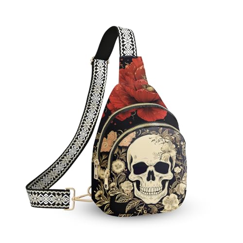 Skull Leather Sling Bag Small Crossbody Backpack Travel Shoulder Pack Hiking Adjustable Chest Daypack for Women
