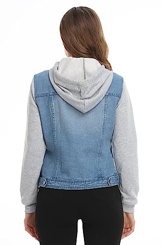Miss Moly Women's Hooded Jean Jacket Washed Long Sleeve Sweatshirt Hoodie Denim Jacket W 2 Pockets #TOP1