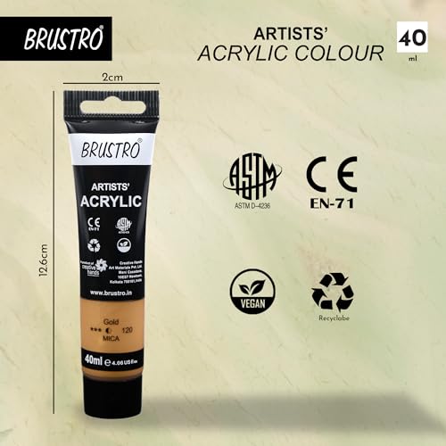 Image of BRUSTRO Artists Acrylic Paint Tube | 40ml, Gold (Pack of 2)|Non-Toxic, Water Based, Inter Mixable, Ideal for Painting, Textured Effects on Canvas, Paper, Fine Art Student and Professionals