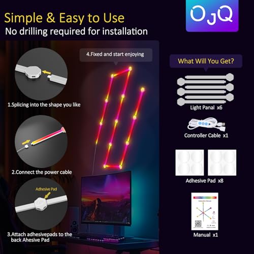 Image of OJQ 6 Pack Smart RGB LED Wall Lights - Hexagon Lights Smart APP Game Room with Music Sync DIY Dimmable Hexagon Shape Panels Hexagon Lights for Gaming Room TV Bedroom Children Room