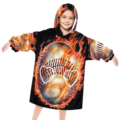 Kids Blanket Hoodie Fire Baseball Wearable Blanket Hoodie Oversized Hooded Blanket, Sweatshirt Blanket with Pockets Soft Warm Kids Hooded Blanket for Girls, Boys