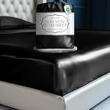 DECOLURE Satin Fitted Sheet King Size (1 PC) – Luxuriously Smooth & Softer Than Silk Bed Sheets w/ 15 Inch Deep Pocket Hypoallergenic Wrinkle Free, Secure Snug Fit, Elastic Corner Straps (Black)