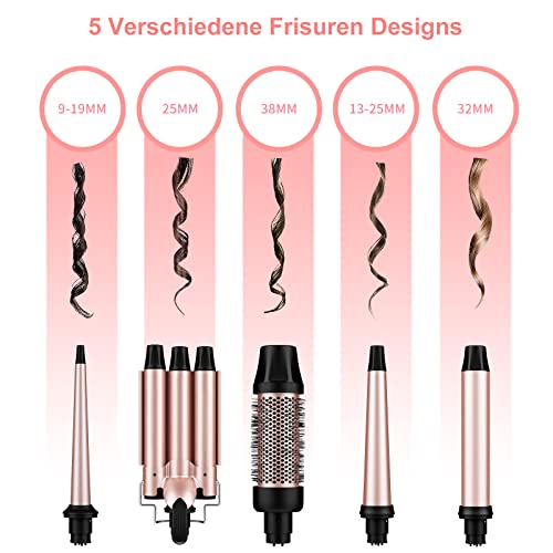 Foto von Lockenstäbe Set 5 in 1, MAXT Lockenstab mit 3 Fässer und Multifunktion Lockenbürste, Lockenstab Set mit Verschiedenen Aufsätzen 9-38mm, PTC-Schnellheizung Temperaturregelung und Schutzhandschuhen