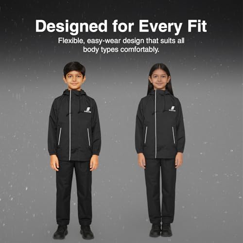 Image of Amazon Brand - Symactive Raincoat for Kids | Waterproof Jacket and Pant Set | Polyester with PVC Coating | Seam Sealed | High Neck Hood | Reflective Branding | Black, 8 to 10 Years