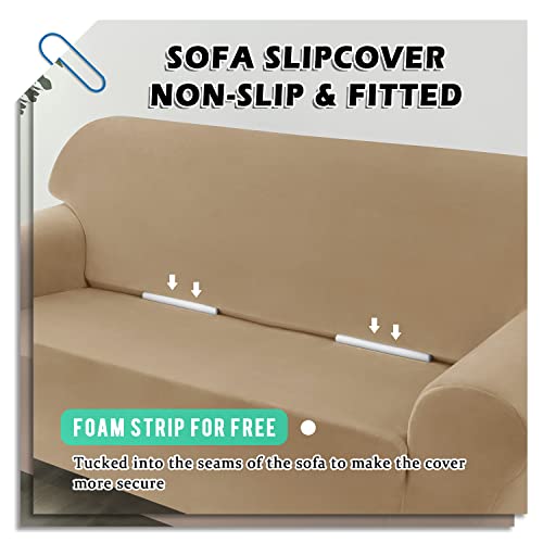 Housse de canapé velours extensible sable 4 places protection salon