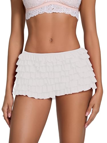 Pantalones cortos de encaje multicapa con volantes para mujer, con lazo frontal, cintura baja, con volantes, micro pantalones cortos Lolita, A-blanco, L