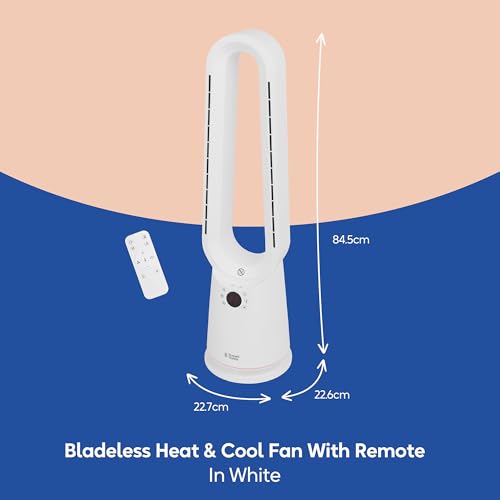 Russell Hobbs Bladeless Electric Heater & Cooling Fan 2000W with Remote Control in White, 10 Fan Speeds & 4 Modes, Hot & Cool with Touch Control and LED Display, 8-hour Timer, RHBHC2030W