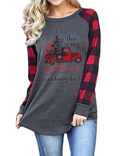 QUNERY Camisetas de Navidad para mujer, camisetas de manga larga, camisetas raglán, camiseta de Navidad a cuadros con gráfico de árbol, Grey-car, XXL Cover