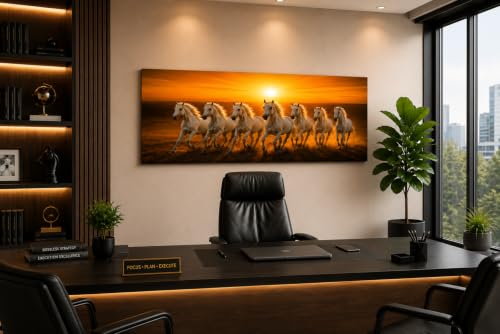 Image of 7 Horse Vastu Sunrise Canvas Painting | Positive Energy Wall Decor | Big Size Premium Running Horses Artwork for Home, Office & Hall Decoration (Modern, Sun White Horse, 44x20 Inch)