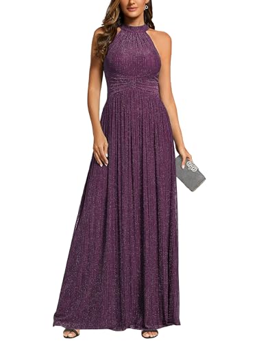 Image of Ever-Pretty Women's Glitter Halter Sleeveless Formal Dresses Evening Gowns Pleated A-line Wedding Guest Dress 41961