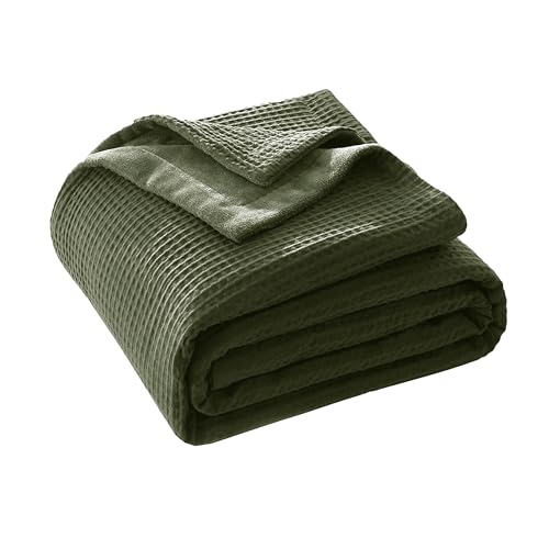CHUFFED Baumwolldecke Kuscheldecke 220x240 cm, Beidseitig Baumwolle Waffledecke und Milchsamt, Weiche Flauschige Warme Anti-Static Tagesdecke Sofadecke Couchdecke Wohndecke Für Sofa Couch Bett Olivgrün