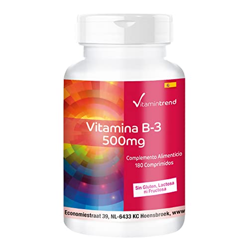 Vitamina B3 500mg – ¡Bote para 6 MESES! – alta dosificación – vegana – 180 comprimidos – niacina para metabolismo– circulación y músculos | Vitamintrend®